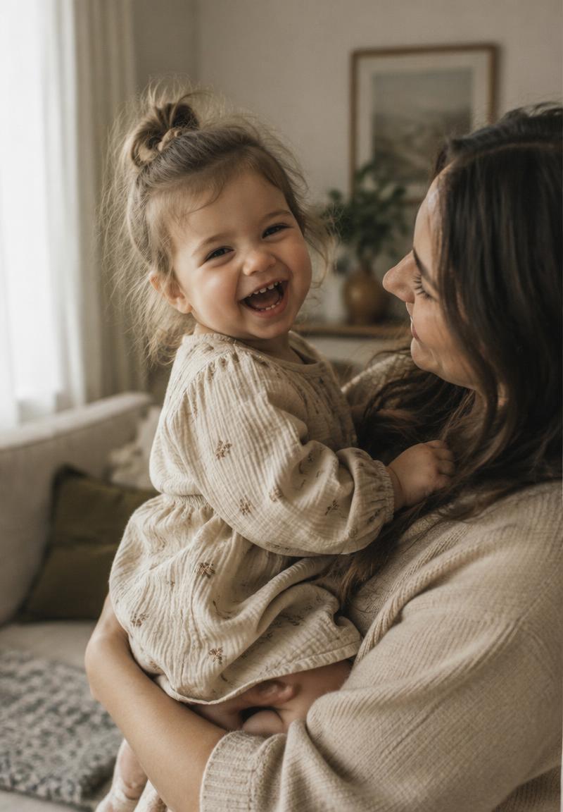 Bambina che ride in braccio alla mamma